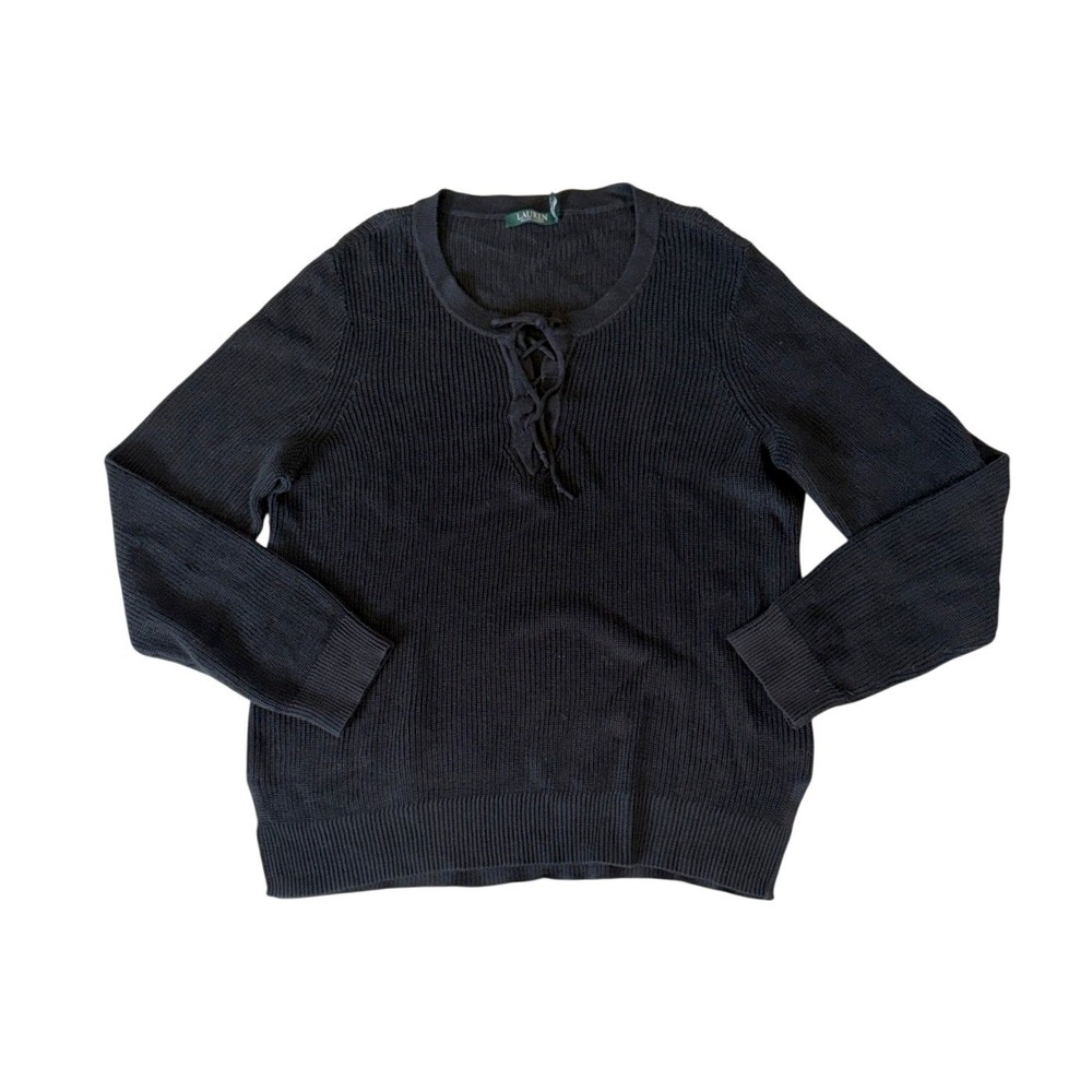 Lauren Ralph Lauren Womens XL Black Oversized Lace-Up Ribbed Knit Sweater